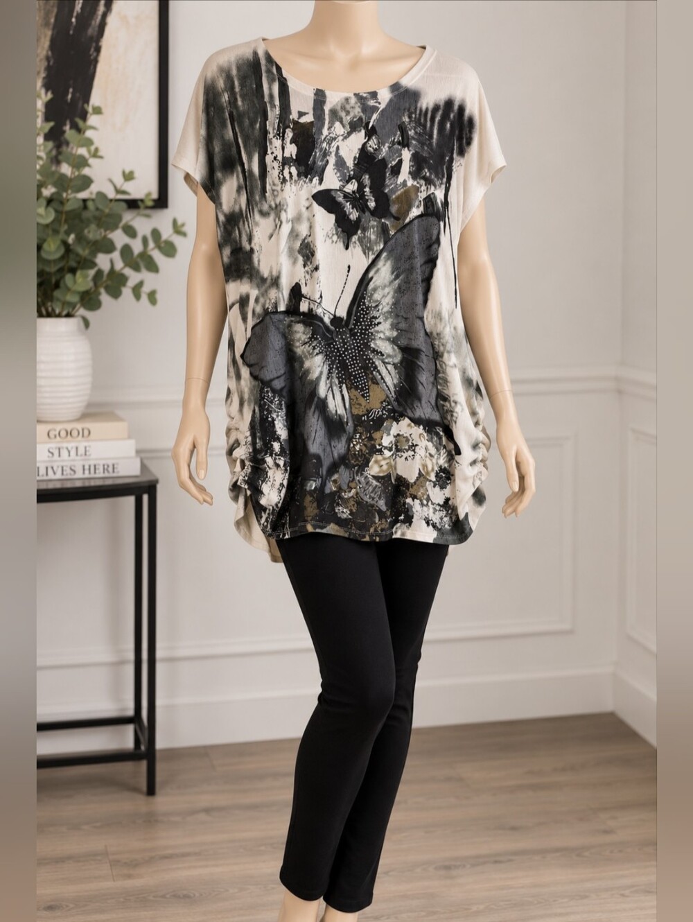 Butterfly Print Relaxed Women’s Top in Beige and Black
